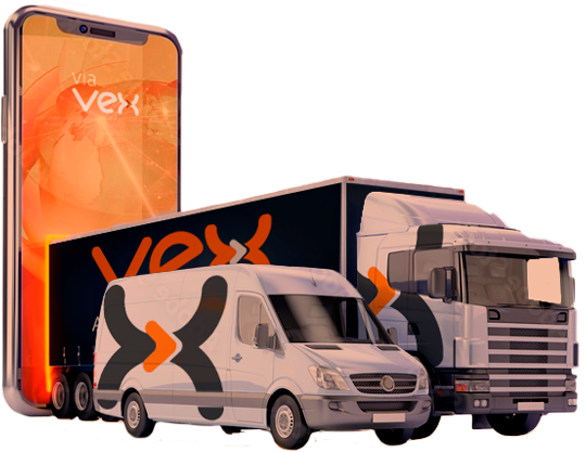 Dois caminhões da Vex com um grande celular ao fundo, com a tela laranja e o logo da Vex